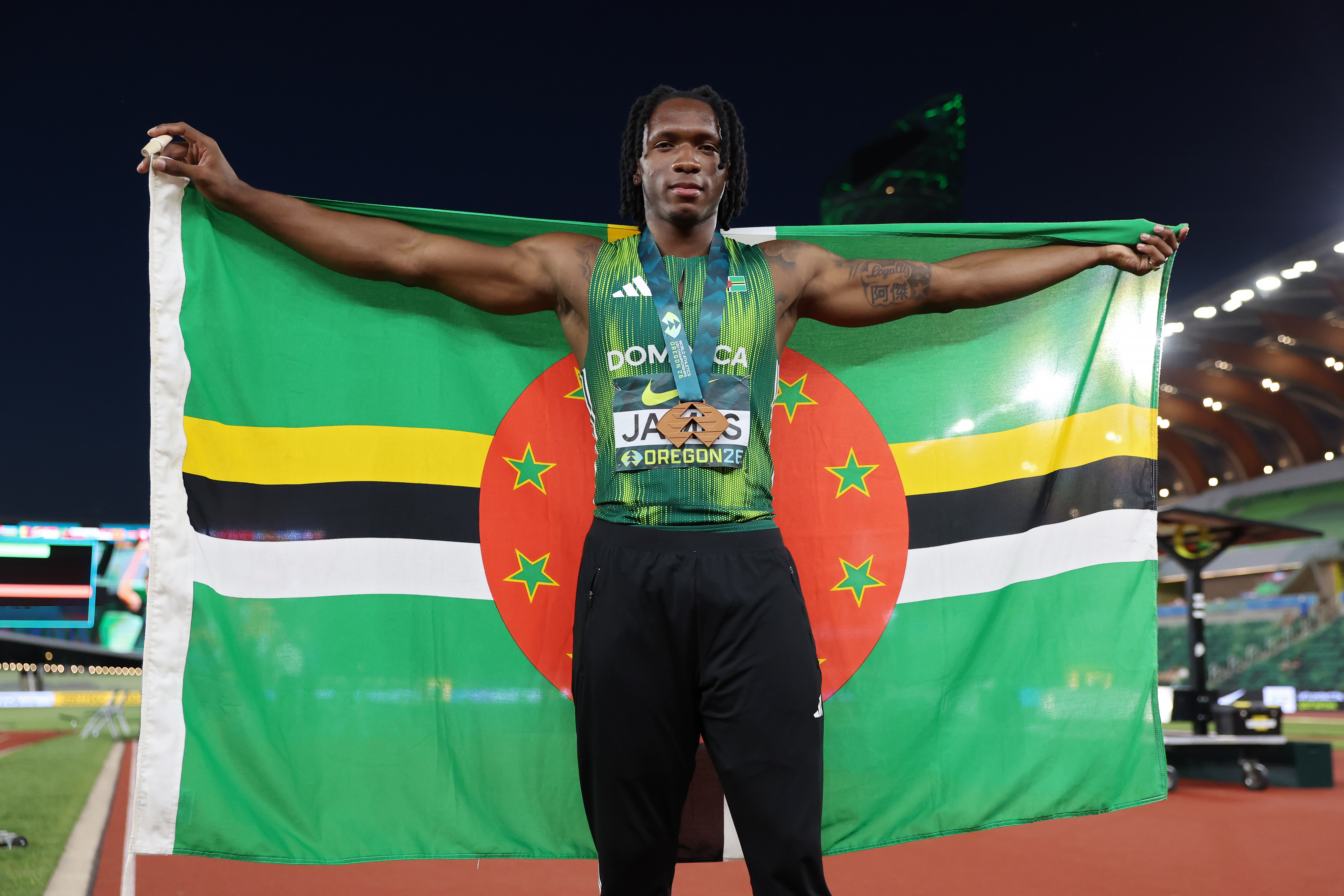 Men’s Javelin Throw bronze medalist Addison James of Team Dominica celebrates during day three of the 2026 World Athletics U20 Championships at Hayward Field on August 07, 2026 in Eugene, Oregon. (Photo by Steph Chambers/WA/Getty Images for World Athletics)