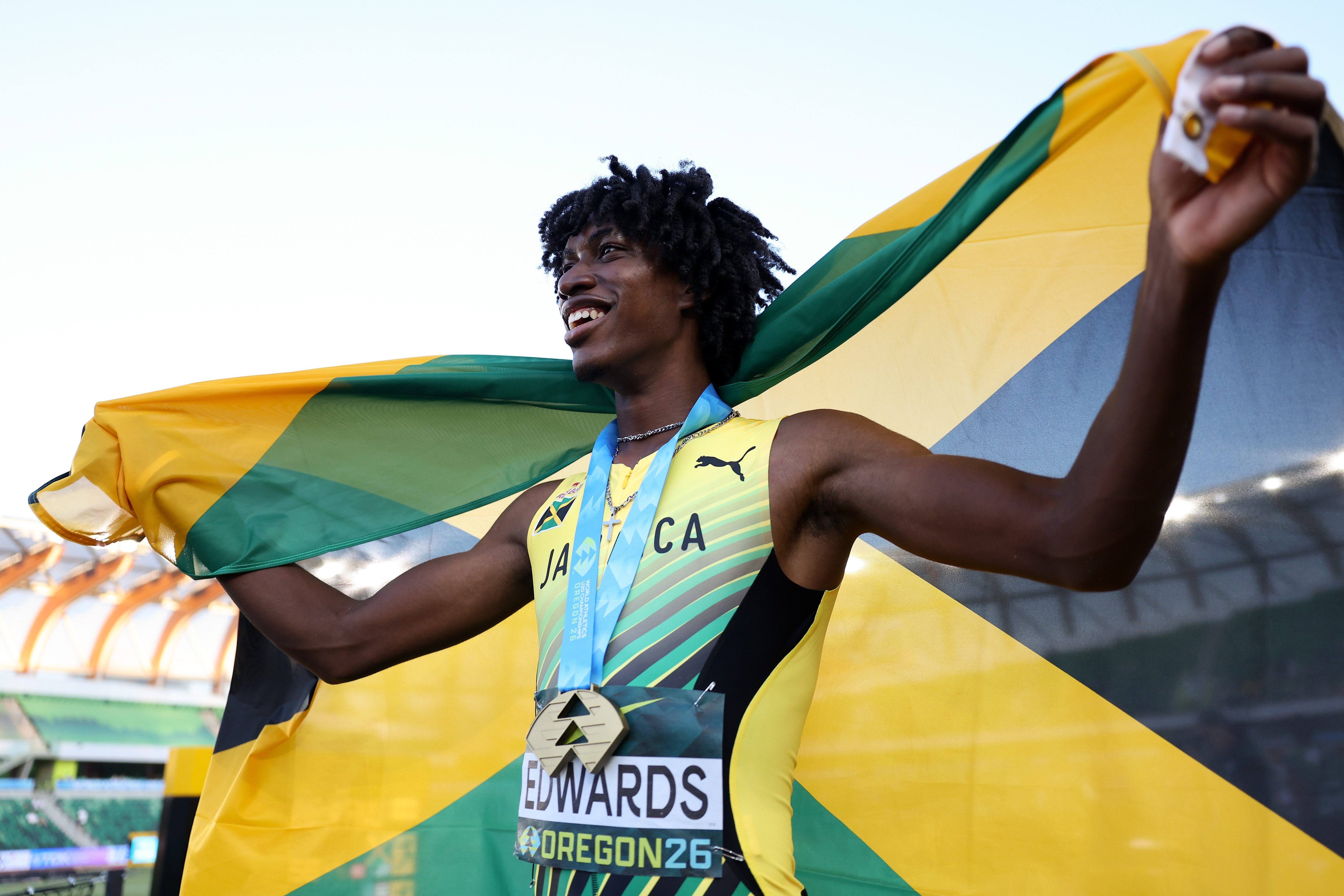 Caribbean athletes shine with 11-medal haul at 2026 World Athletics U20s 1 Men's Triple Jump gold medalist Michael-Andre Matthew Edwards of Team Jamaica celebrates during day three of the 2026 World Athletics U20 Championships at Hayward Field on August 07, 2026 in Eugene, Oregon. (Photo by Steph Chambers/WA/Getty Images for World Athletics)